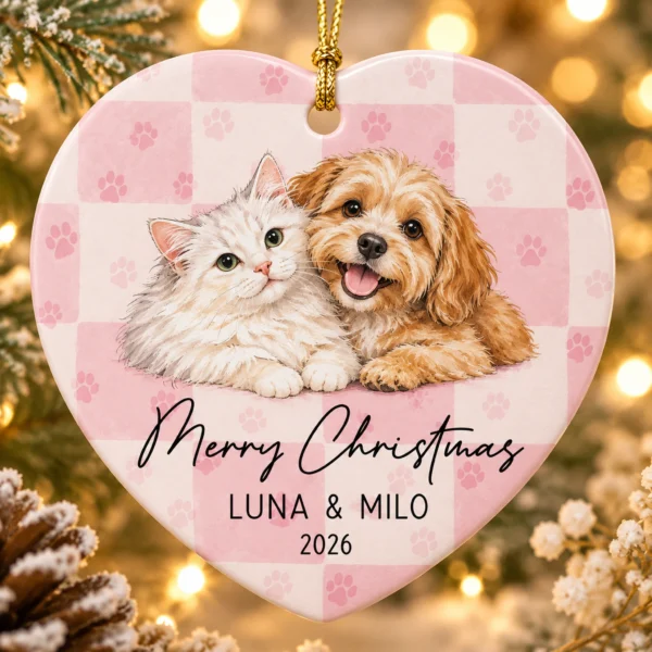 Personalized Pet Photo Ornament with Name, Year & Custom Background — alternate product mockup personalized pet photo ornament with name product image back view