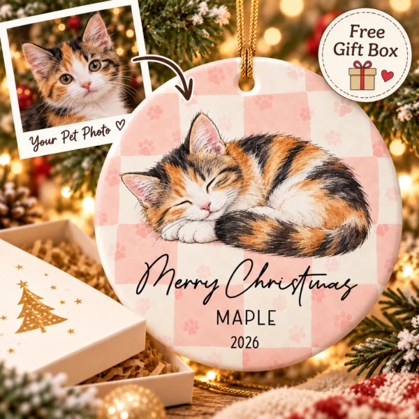 Personalized Pet Photo Ornament with Name, Year & Custom Background — alternate product mockup personalized pet photo ornament with name product image back view