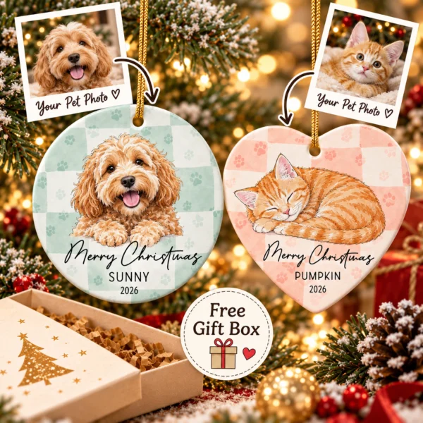 Personalized Pet Photo Ornament with Name, Year & Custom Background — alternate product mockup personalized pet photo ornament with name product image back view