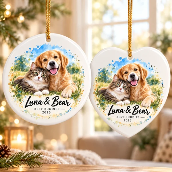 Personalized Watercolor Pet Ornament, Custom Photo Keepsake Gift Idea — alternate product mockup personalized watercolor pet ornament product image color options