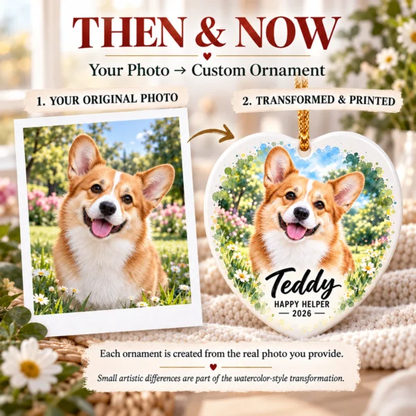 Personalized Watercolor Pet Ornament, Custom Photo Keepsake Gift Idea — alternate product mockup personalized watercolor pet ornament product image color options