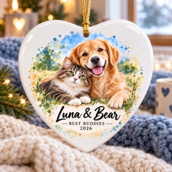Personalized Watercolor Pet Ornament, Custom Photo Keepsake Gift Idea — alternate product mockup personalized watercolor pet ornament product image color options