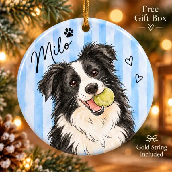 Personalized Watercolor Pet Portrait Ornament, Striped Background — alternate product mockup personalized watercolor pet portrait ornament product image back view