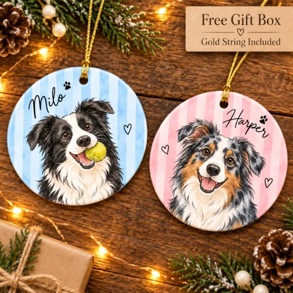 Personalized Watercolor Pet Portrait Ornament, Striped Background — alternate product mockup personalized watercolor pet portrait ornament product image back view