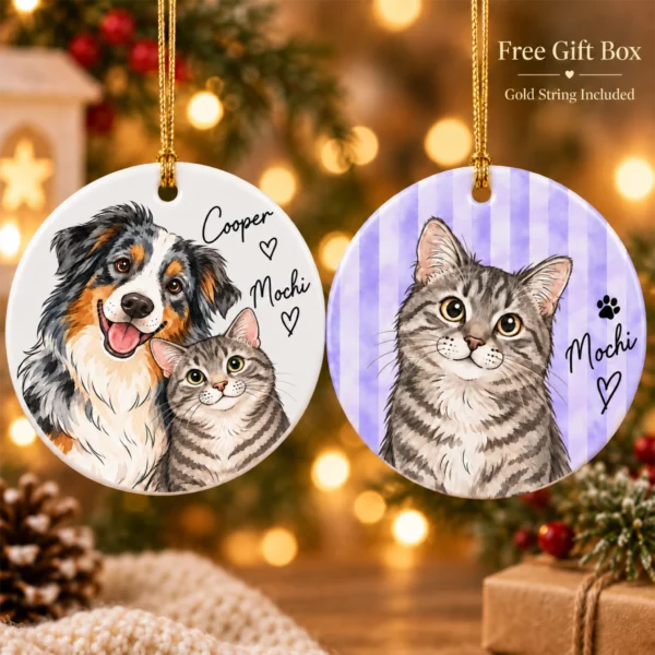 Personalized Watercolor Pet Portrait Ornament, Striped Background — alternate product mockup personalized watercolor pet portrait ornament product image back view