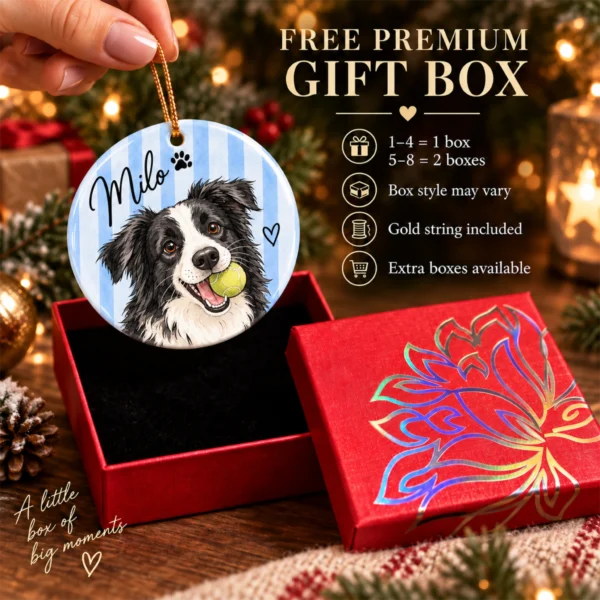 Personalized Watercolor Pet Portrait Ornament, Striped Background — alternate product mockup personalized watercolor pet portrait ornament product image back view