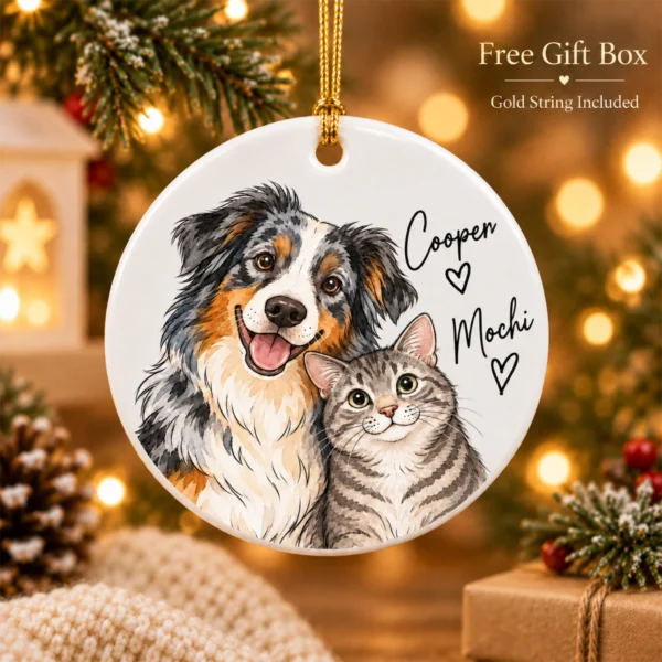 Personalized Watercolor Pet Portrait Ornament, Striped Background — alternate product mockup personalized watercolor pet portrait ornament product image back view