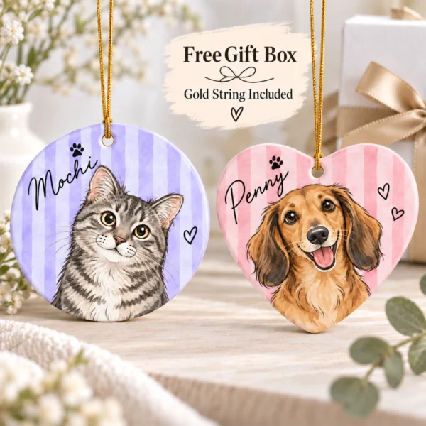 Personalized Watercolor Pet Portrait Ornament, Striped Background — alternate product mockup personalized watercolor pet portrait ornament product image back view
