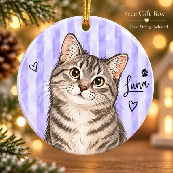 Personalized Watercolor Pet Portrait Ornament, Striped Background — alternate product mockup personalized watercolor pet portrait ornament product image back view