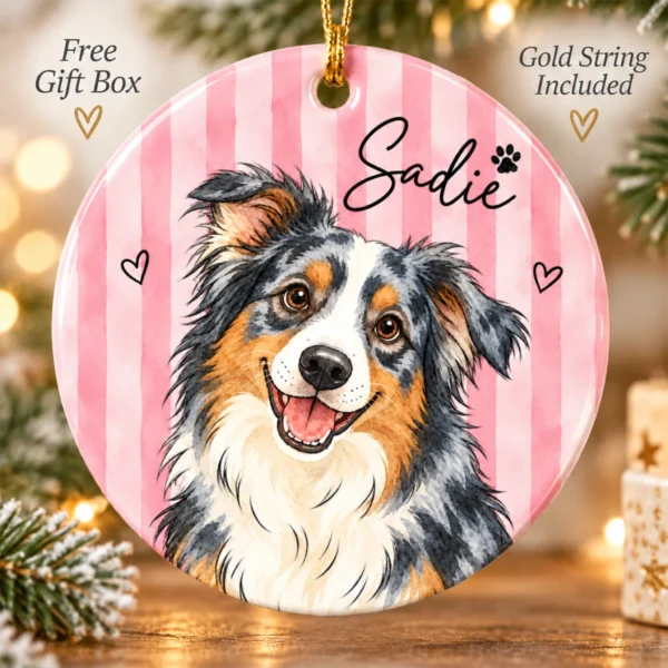 Personalized Watercolor Pet Portrait Ornament, Striped Background — alternate product mockup personalized watercolor pet portrait ornament product image back view