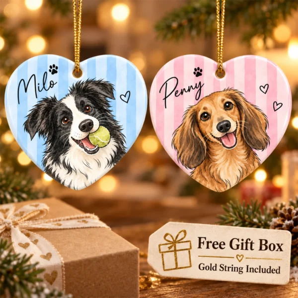 Personalized Watercolor Pet Portrait Ornament, Striped Background — alternate product mockup personalized watercolor pet portrait ornament product image back view