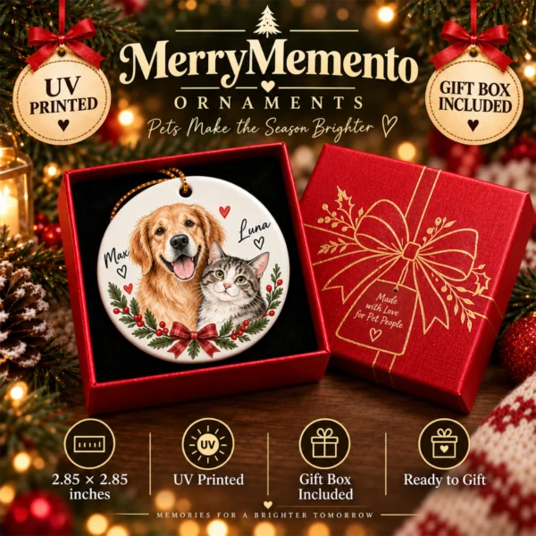 Personalized Watercolor Pet Portrait Ornament, Striped Background — alternate product mockup personalized watercolor pet portrait ornament product image back view