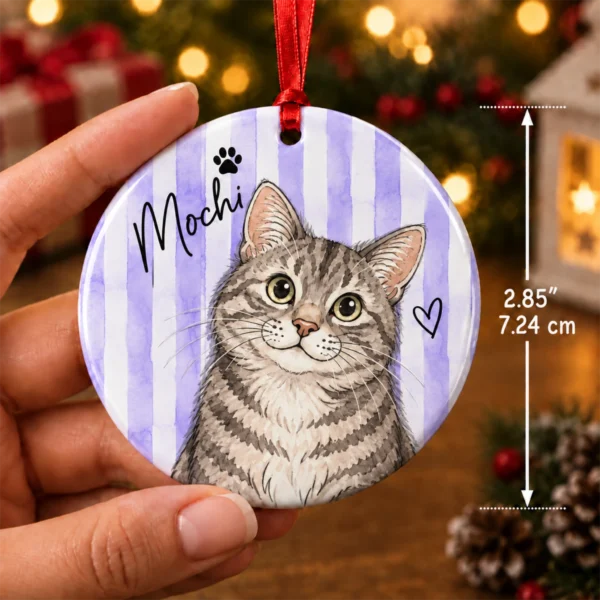 Personalized Watercolor Pet Portrait Ornament, Striped Background — alternate product mockup personalized watercolor pet portrait ornament product image back view