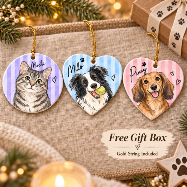 Personalized Watercolor Pet Portrait Ornament, Striped Background — alternate product mockup personalized watercolor pet portrait ornament product image back view