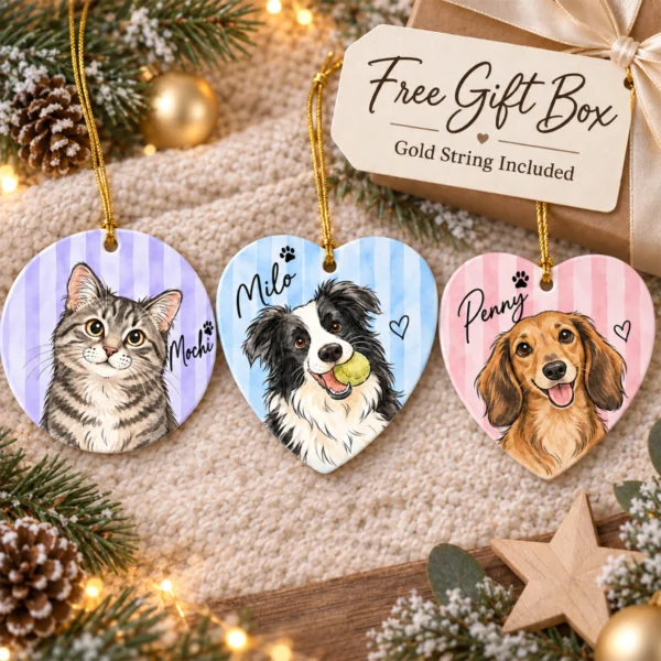 Personalized Watercolor Pet Portrait Ornament, Striped Background — alternate product mockup personalized watercolor pet portrait ornament product image back view
