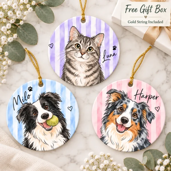 Personalized Watercolor Pet Portrait Ornament, Striped Background — alternate product mockup personalized watercolor pet portrait ornament product image back view