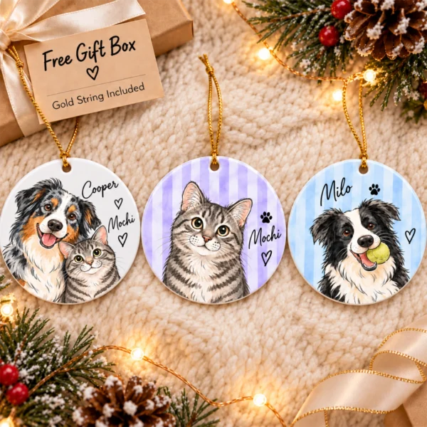 Personalized Watercolor Pet Portrait Ornament, Striped Background — alternate product mockup personalized watercolor pet portrait ornament product image back view
