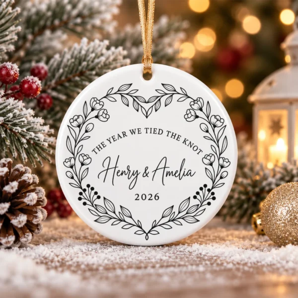 Personalized Wedding Ornament, The Year We Tied the Knot, Newlywed Gif — alternate product mockup personalized wedding ornament product image product photo