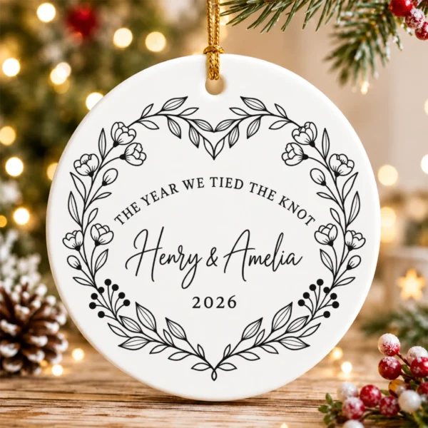 Personalized Wedding Ornament, The Year We Tied the Knot, Newlywed Gif — alternate product mockup personalized wedding ornament product image product photo