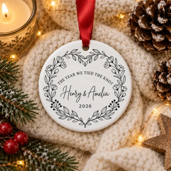 Personalized Wedding Ornament, The Year We Tied the Knot, Newlywed Gif — alternate product mockup personalized wedding ornament product image product photo