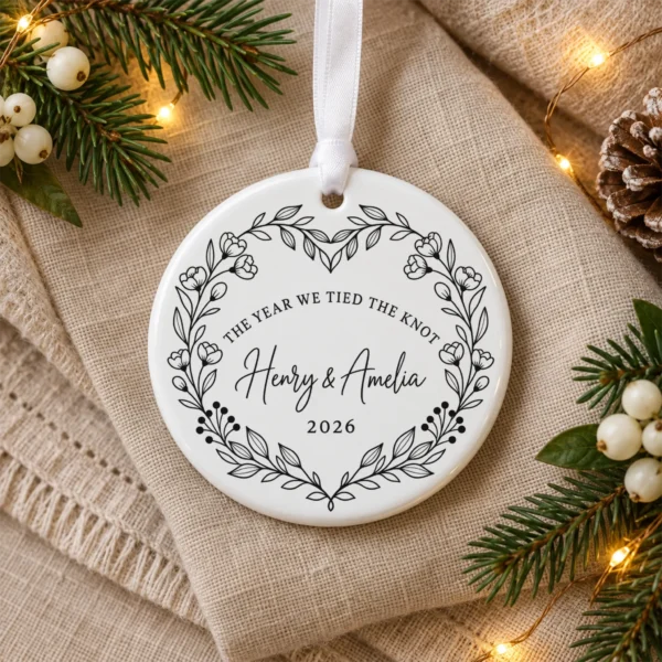 Personalized Wedding Ornament, The Year We Tied the Knot, Newlywed Gif — alternate product mockup personalized wedding ornament product image product photo