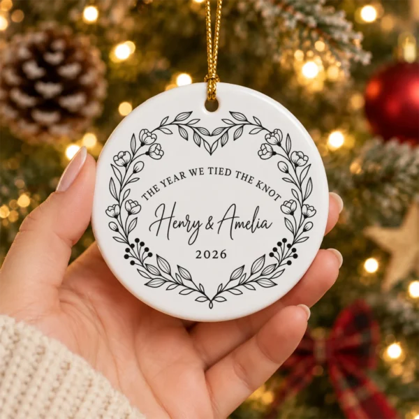 Personalized Wedding Ornament, The Year We Tied the Knot, Newlywed Gif — alternate product mockup personalized wedding ornament product image product photo