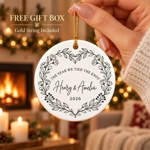 Personalized Wedding Ornament, The Year We Tied the Knot, Newlywed Gif — alternate product mockup personalized wedding ornament product image product photo
