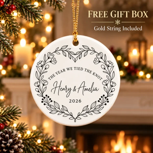 Personalized Wedding Ornament, The Year We Tied the Knot, Newlywed Gif — alternate product mockup personalized wedding ornament product image product photo