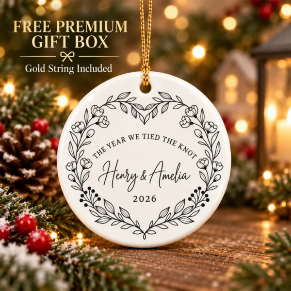 Personalized Wedding Ornament, The Year We Tied the Knot, Newlywed Gif — alternate product mockup personalized wedding ornament product image mockup view