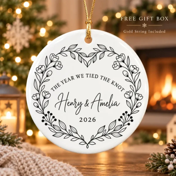 Personalized Wedding Ornament, The Year We Tied the Knot, Newlywed Gif — alternate product mockup personalized wedding ornament product image lifestyle scene