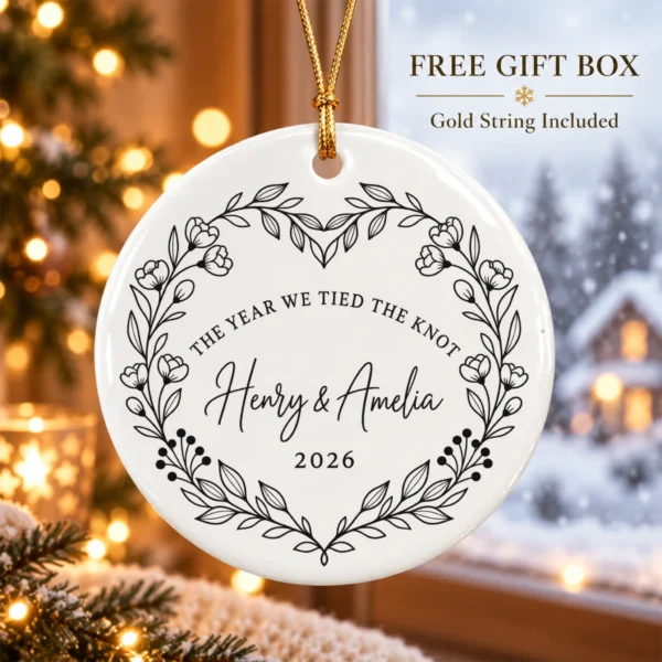 Personalized Wedding Ornament, The Year We Tied the Knot, Newlywed Gif — alternate product mockup personalized wedding ornament product image close-up detail