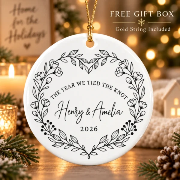 Personalized Wedding Ornament, The Year We Tied the Knot, Newlywed Gif — alternate product mockup personalized wedding ornament product image product detail