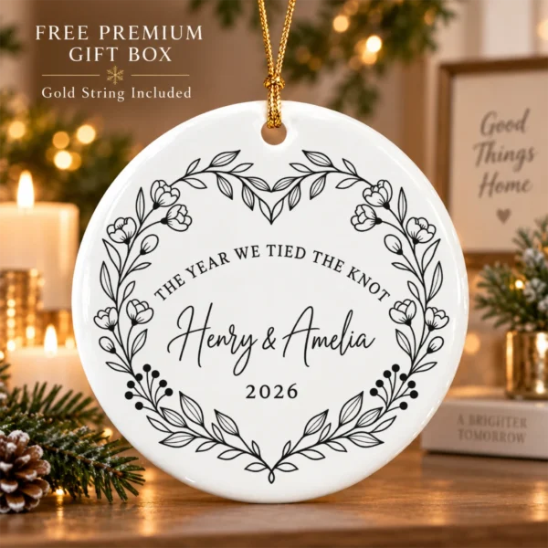 Personalized Wedding Ornament, The Year We Tied the Knot, Newlywed Gif — product mockup personalized wedding ornament product image front view