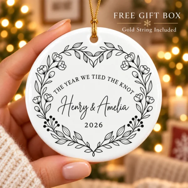 Personalized Wedding Ornament, The Year We Tied the Knot, Newlywed Gif — alternate product mockup personalized wedding ornament product image alternate angle
