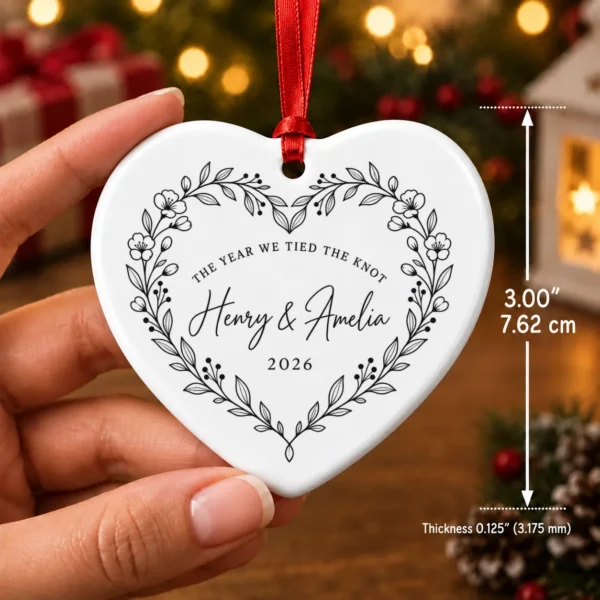 Personalized Wedding Ornament, The Year We Tied the Knot, Newlywed Gif — alternate product mockup personalized wedding ornament product image size detail