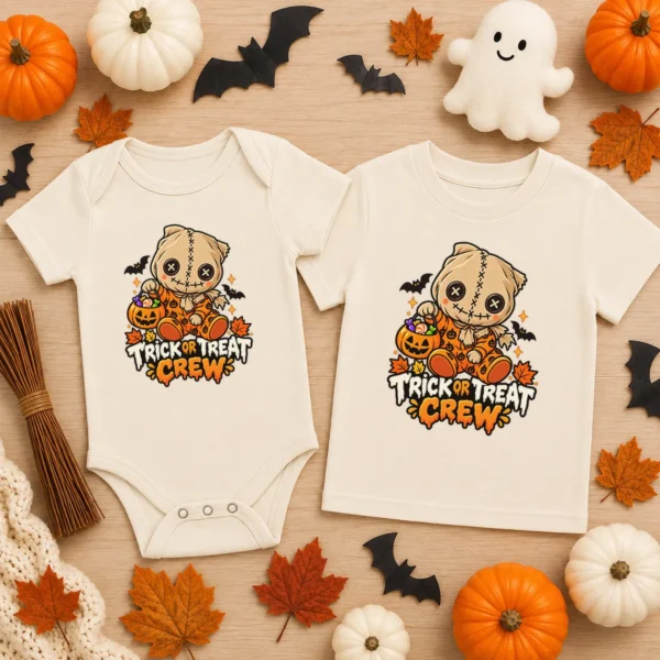 Halloween Sack Mask Baby Bodysuit or Toddler Shirt — baby bodysuit mockup sack mask baby bodysuit flat lay view