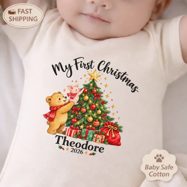 Baby First Christmas Bodysuit with Bear and Piglet, Name and Year — baby bodysuit mockup baby first Christmas bodysuit with bear and piglet baby bodysuit product photo