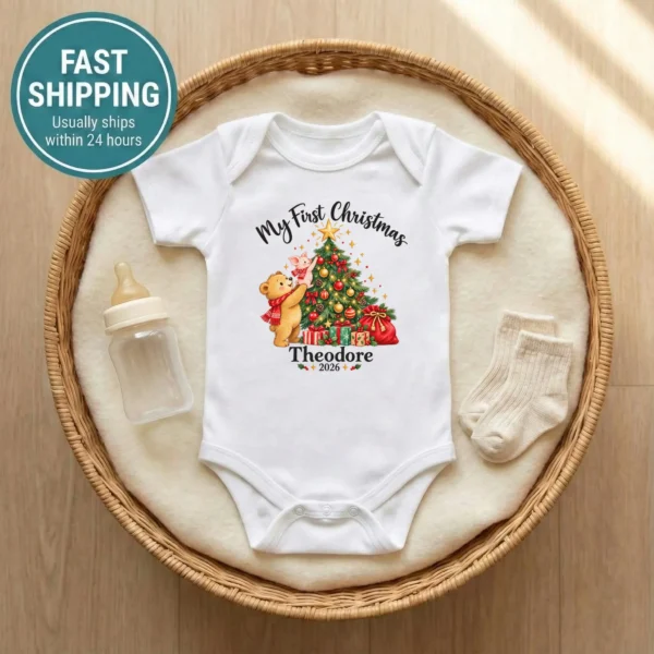 Baby First Christmas Bodysuit with Bear and Piglet, Name and Year — baby bodysuit mockup baby first Christmas bodysuit with bear and piglet baby bodysuit alternate angle