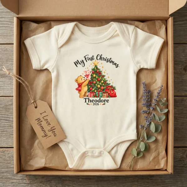 Baby First Christmas Bodysuit with Bear and Piglet, Name and Year — baby bodysuit mockup baby first Christmas bodysuit with bear and piglet baby bodysuit lifestyle scene