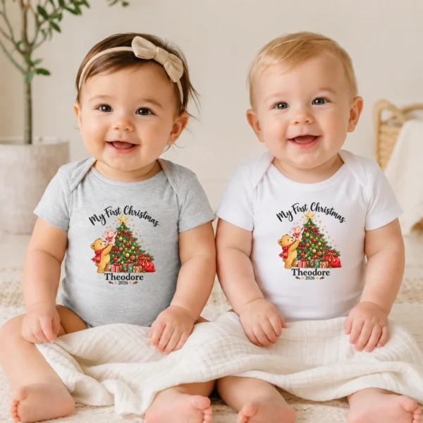 Baby First Christmas Bodysuit with Bear and Piglet, Name and Year — baby bodysuit mockup baby first Christmas bodysuit with bear and piglet baby bodysuit model mockup