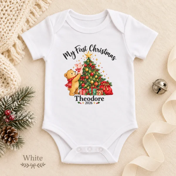 Baby First Christmas Bodysuit with Bear and Piglet, Name and Year — alternate product mockup baby first Christmas bodysuit with bear and piglet baby bodysuit color options