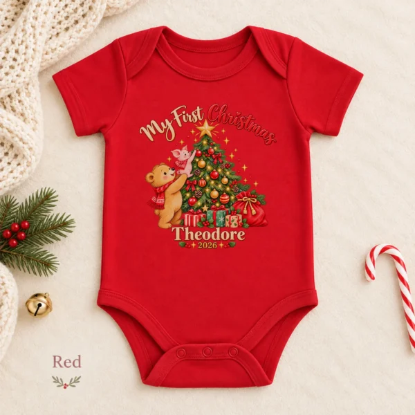 Baby First Christmas Bodysuit with Bear and Piglet, Name and Year — alternate product mockup baby first Christmas bodysuit with bear and piglet baby bodysuit color options