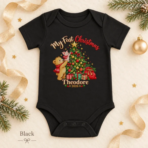 Baby First Christmas Bodysuit with Bear and Piglet, Name and Year — alternate product mockup baby first Christmas bodysuit with bear and piglet baby bodysuit color options