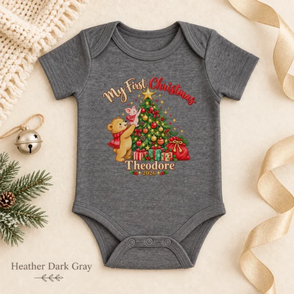 Baby First Christmas Bodysuit with Bear and Piglet, Name and Year — alternate product mockup baby first Christmas bodysuit with bear and piglet baby bodysuit color options