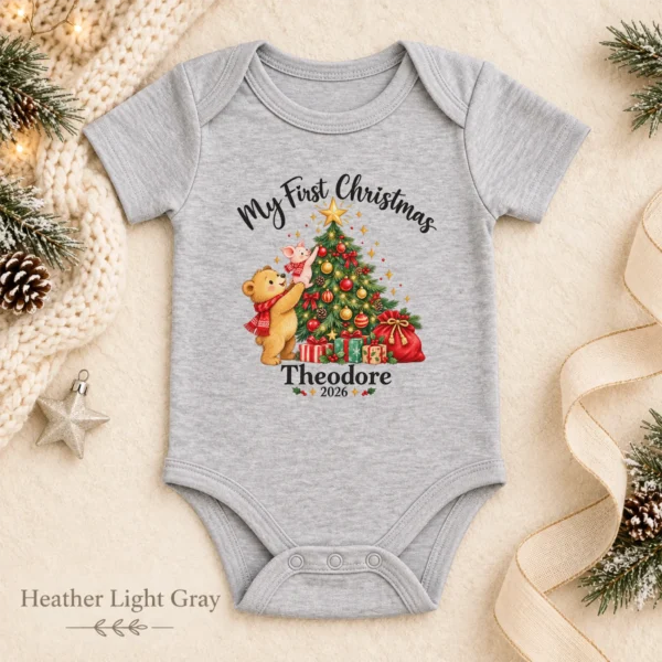 Baby First Christmas Bodysuit with Bear and Piglet, Name and Year — alternate product mockup baby first Christmas bodysuit with bear and piglet baby bodysuit color options
