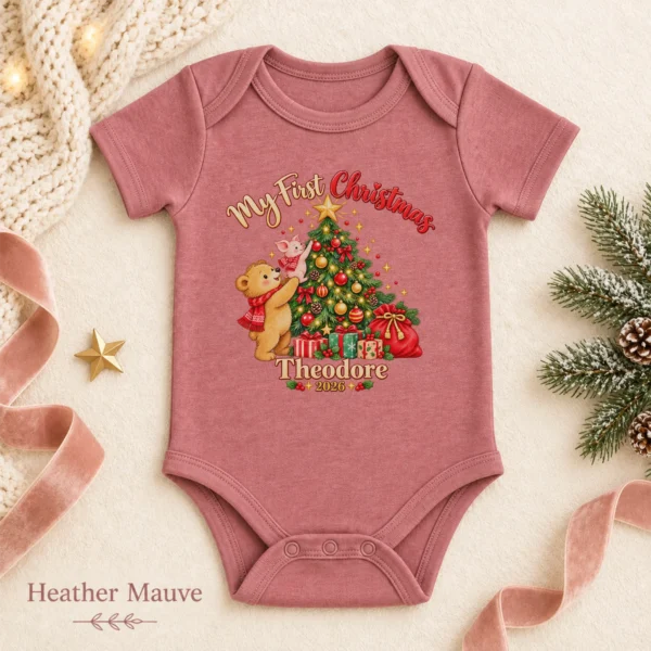 Baby First Christmas Bodysuit with Bear and Piglet, Name and Year — alternate product mockup baby first Christmas bodysuit with bear and piglet baby bodysuit color options