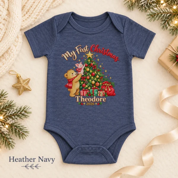 Baby First Christmas Bodysuit with Bear and Piglet, Name and Year — alternate product mockup baby first Christmas bodysuit with bear and piglet baby bodysuit color options