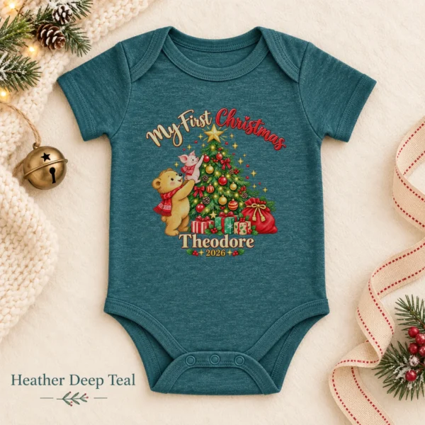 Baby First Christmas Bodysuit with Bear and Piglet, Name and Year — alternate product mockup baby first Christmas bodysuit with bear and piglet baby bodysuit color options