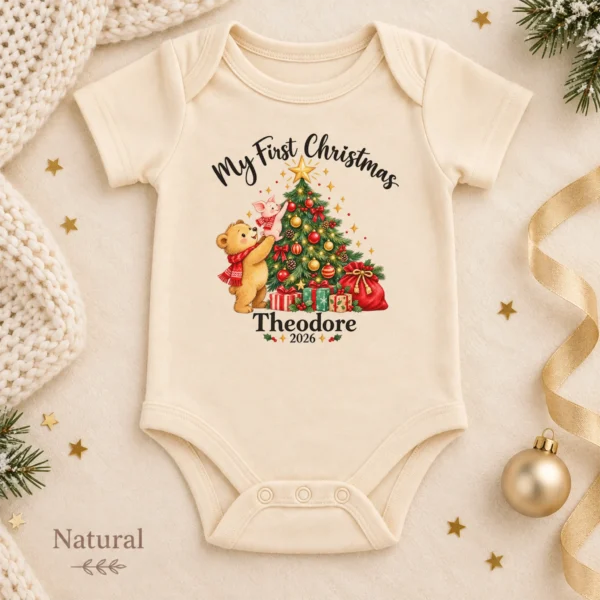 Baby First Christmas Bodysuit with Bear and Piglet, Name and Year — alternate product mockup baby first Christmas bodysuit with bear and piglet baby bodysuit color options