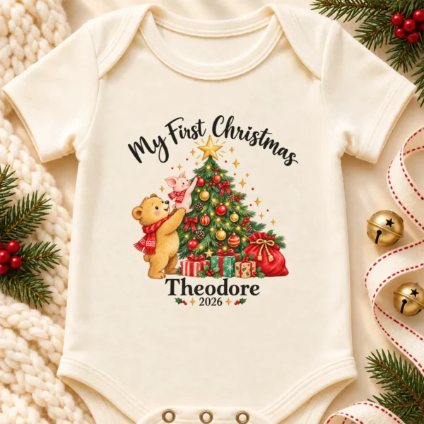 Baby First Christmas Bodysuit with Bear and Piglet, Name and Year — alternate product mockup baby first Christmas bodysuit with bear and piglet baby bodysuit product photo